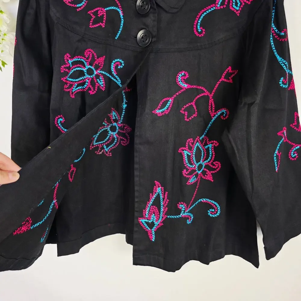 Choices Jacket Large Black Pink Floral Embroidered Rodeo Boho Cowgirl Western